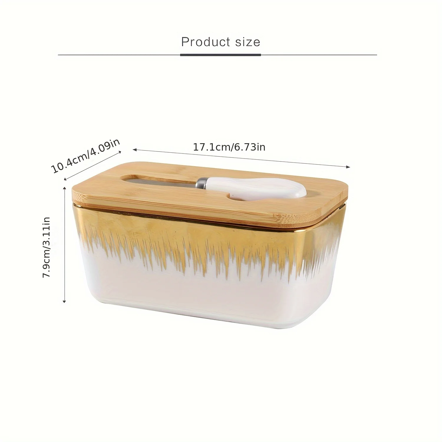 gold edged Ceramic Butter Dish With Bamboo Lid And Knife, LargeButter Keeper Container For Counter, Airtight Butter HolderWith