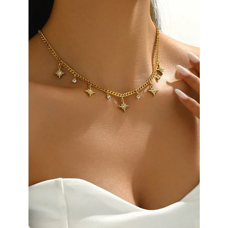 

1pc Plated Fashion Thick Chain Star Tassel Zirconia Stainless Steel Necklace, Suitable For Women's Daily Wear And Gift