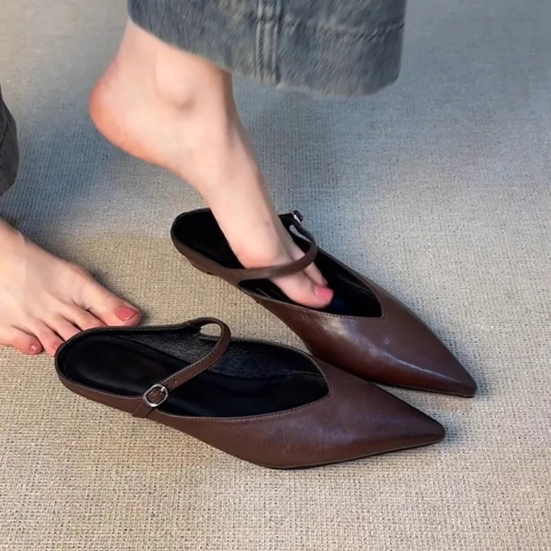 

2026 New Style Elegant Leather Sandals Cover Toe Mules Slippers Fashion Shallow Slip-On Slides Shoes Comfortable Ladies Footwear