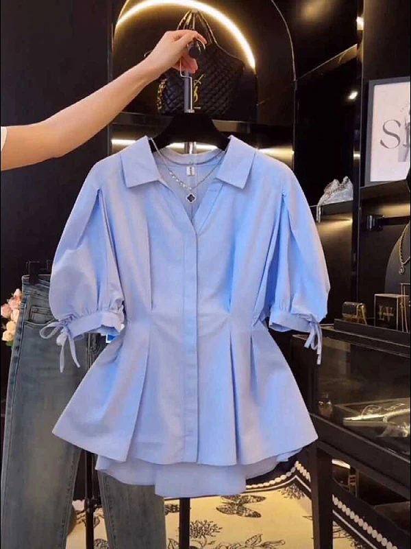 

Chic Blue ort Sve irt Women's plus Size Spring New Sle Beautiful Waist-Cinching Belly- Concealing Top Korean Sle