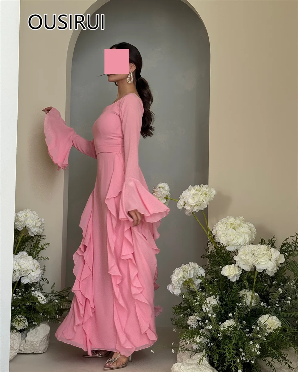 O-neck Satin Ruffles Sexy Sheath Evening Saudi Arab Dress Floor-Length Backless Evening Bridal Gown with Long Sleeve Custom Made