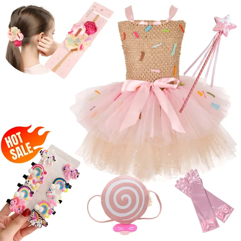 

Girls candy dress Birthday Carnival party rainbow tutu Purim fancy dress up kids unicorn hair clip matching girls party dress