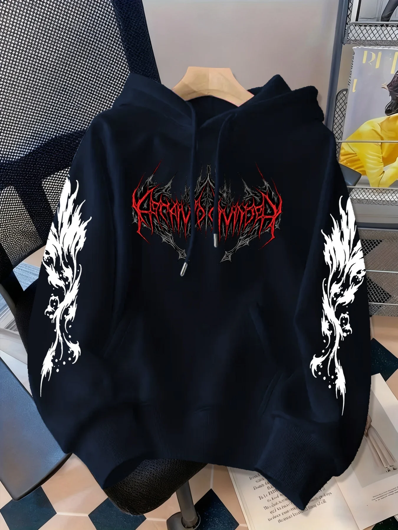 New style autumn-winter trendy hoodie with extended sleeves and arm prints, dark gothic Y2 punk style high-end hooded sweater