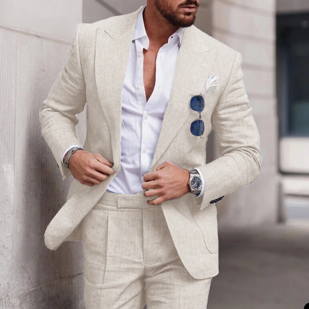 

Summer Men's Linen Suit Set For Wedding Groom Tuxedos Formal Peaked Lapel Jacket Pants Fashion Tailored Blazer For Mens