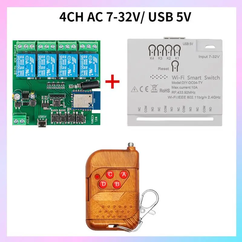 

AB25-4CH Tuya Wi-Fi умный переключатель DIY таймер + пульт дистанционного управления 7-32 В USB 5 В 2,4G Wi-Fi Smartlife модуль домашней автоматизации для IFTT Alexa