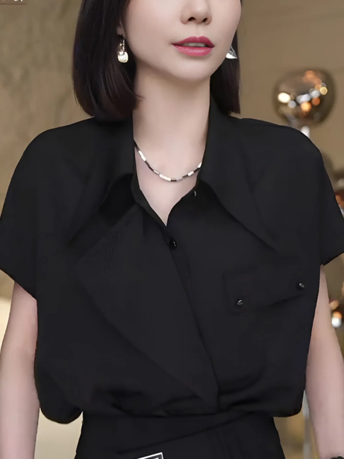 

Ele Bla ort Sve Commute irt Sli Design Versatile Top for Summer Korean Loose Fit Regular Sve Length