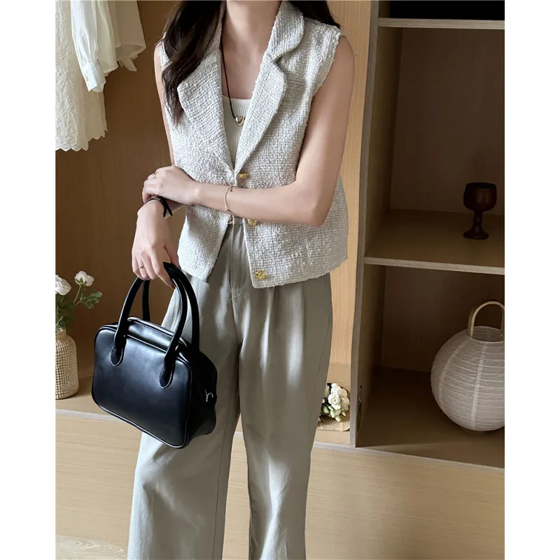 2024 New Women's Summer Fashion Simplicity Commute Versatile Button Spliced Short Suit Collar Vest Jacket Coarse Woolen Vest