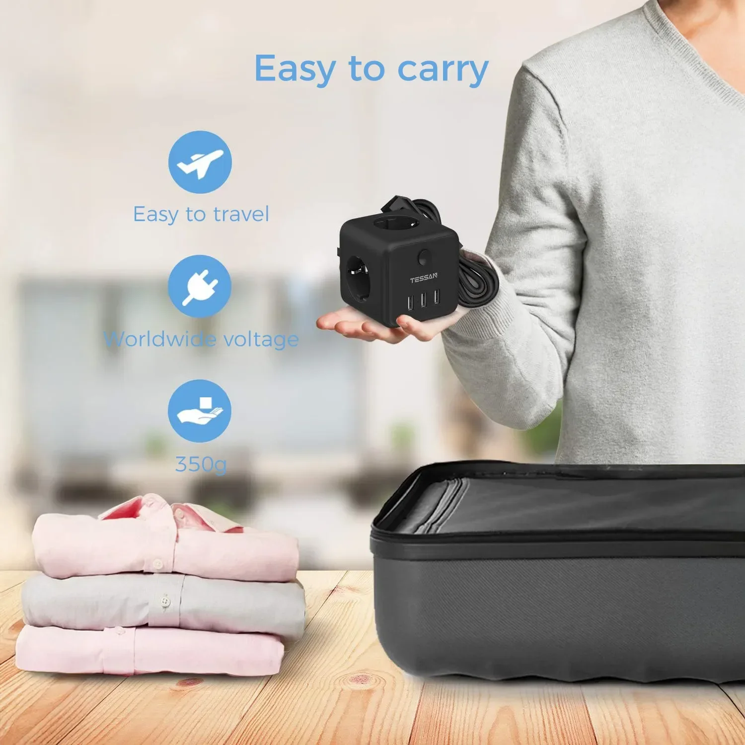 شريط طاقة مكعب من تيسان مع محول موسع مقبس توصيل الاتحاد الأوروبي مع 3 منافذ و3 منافذ شحن USB مع كابل 1.5 متر للمنزل