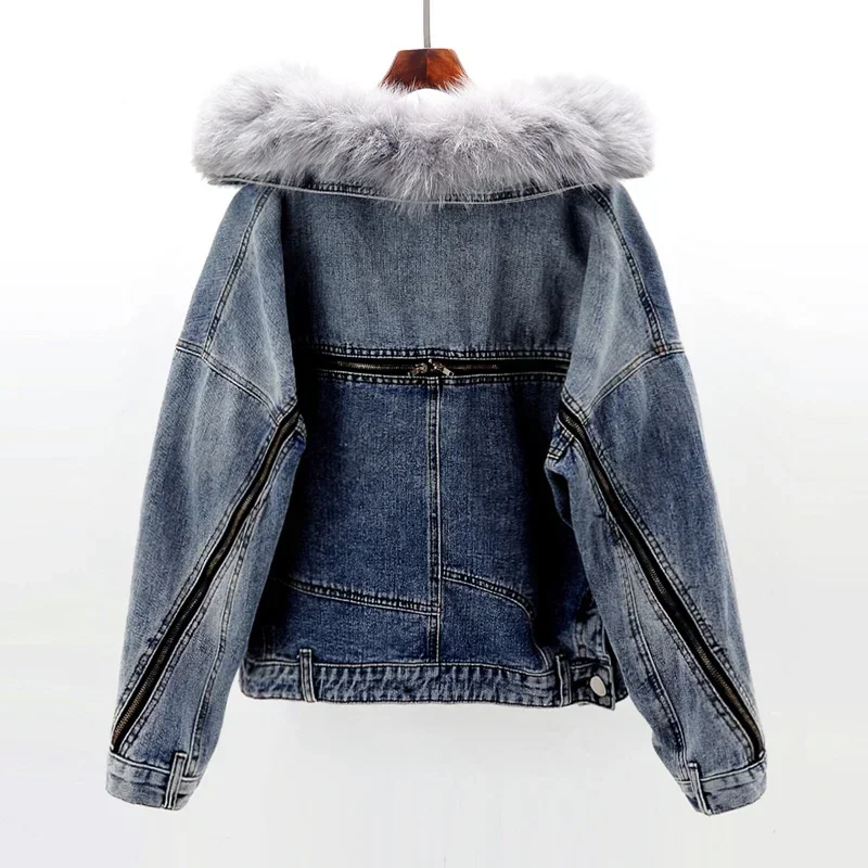

Winter Thick Natural Fox Fur Collar Rabbit Fur Denim Jacket Women Black Blue Cowboy Outerwear Loose Short Jeans Jackets Female