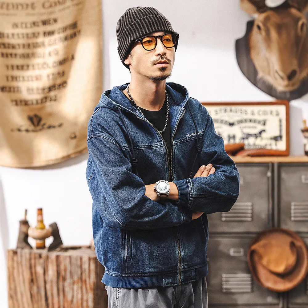 

American retro denim washed plus velvet denim jacket men's winter loose trendy workwear hooded jacket cotton men