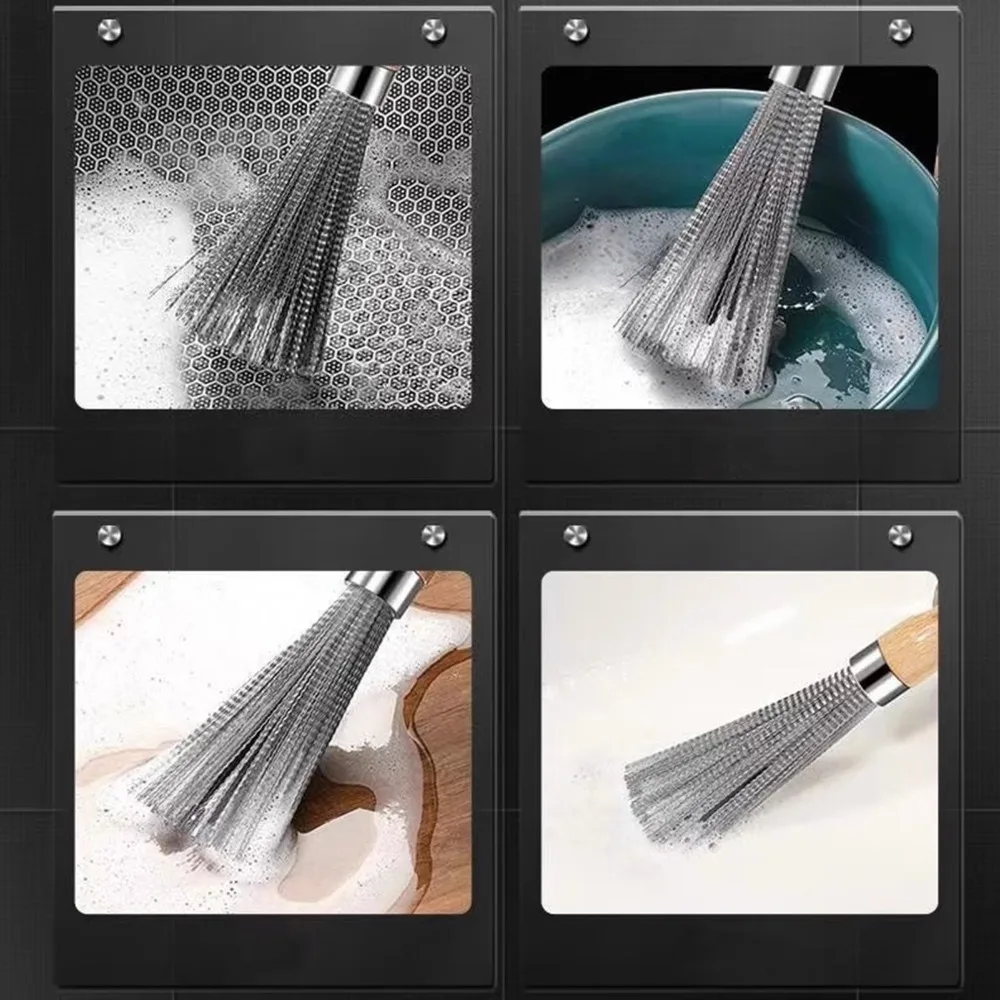 4pcs Long Handled Stainless Steel Pot Brush Non-Stick Safe Multi-Purpose Cookware Scrubber Brush Dishwashing Scrubber Brush