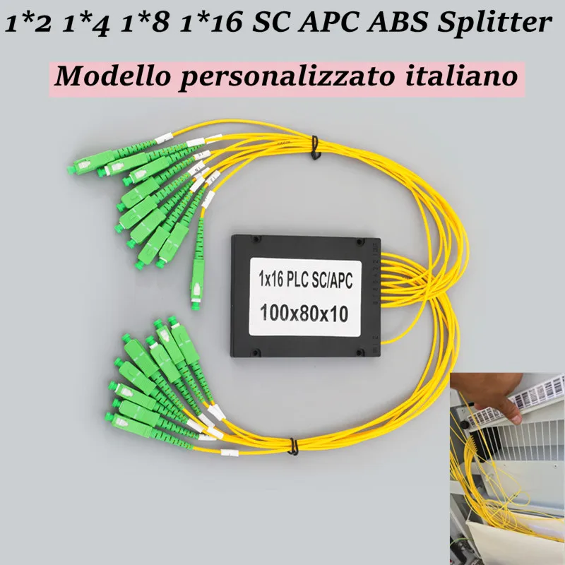 

Taglia personalizzata italiana 1X16 1X8 1X41X2 Optical Spliiter ABS Splitter SC APC Pigtail Round Head Splitter 1/16 100*80*10mm
