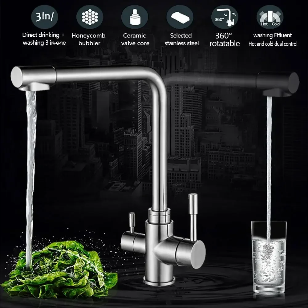 

Durable304 Stainless Steel Kitchen Faucet Hot And Cold Household Sink Dish Basin Double-out Three-in-one Drinking Water Purifier