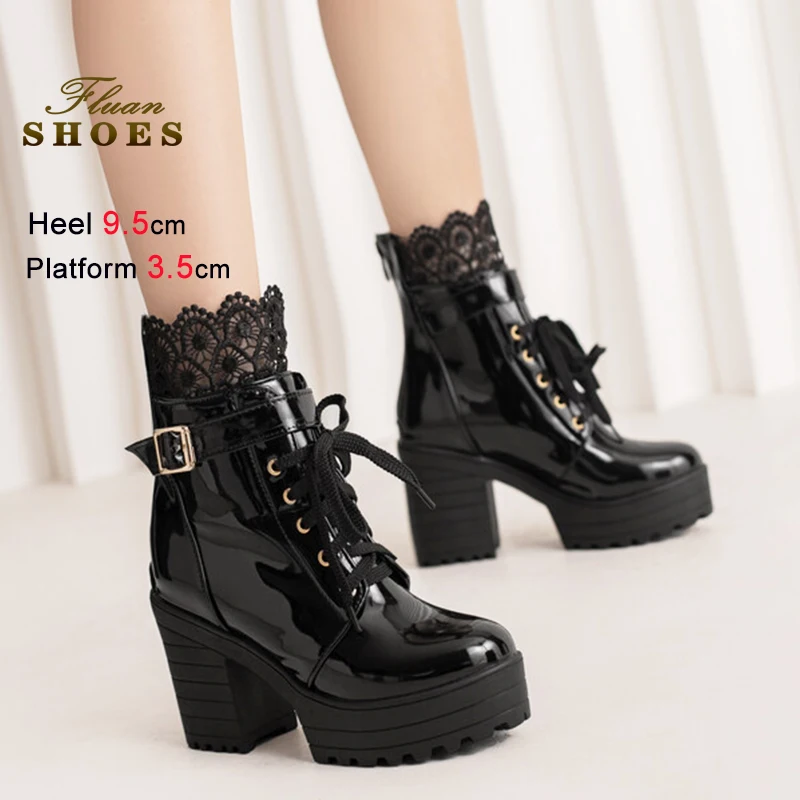 

Women Platform Short Boots With Lace Comfortable Chunky High Heel 9.5cm Black Short Boots Back Zipper Autumn Winter Lolita Shoes