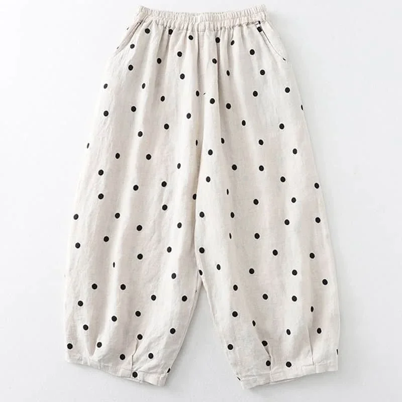 

Хлопковые льняные брюки для женщин, свободные повседневные винтажные летние тонкие брюки в горошек в корейском стиле, женские шаровары с эластичной резинкой на талии