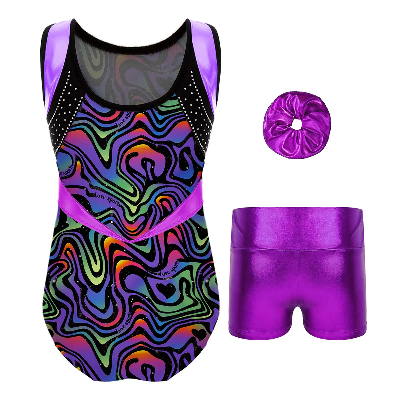 Kids Girls Rhythmic Gymnastic Skating Leotards Outfit Sleeveless Dance Leotard Bodysuit and Metallic Shorts with Hair Ties Set