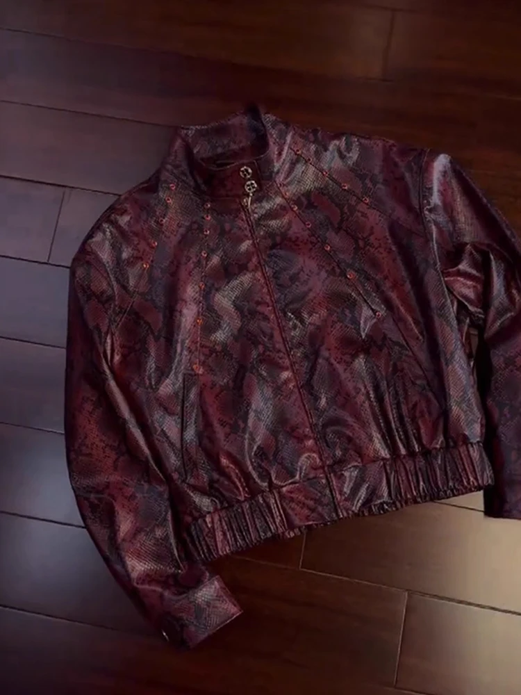 

Cleanfit Snake Texture Leather Jaet ex ort Sle Stand Collar Gem Punk Sle Couple's Outerwear Youth Casual Faion