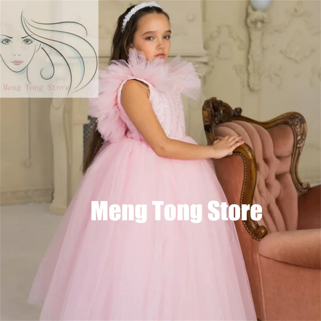 Customization Flower Girl Dresses Pink Tulle Sparkly Sequin Sleeveless For Wedding Birthday Party Banquet Princess Gowns