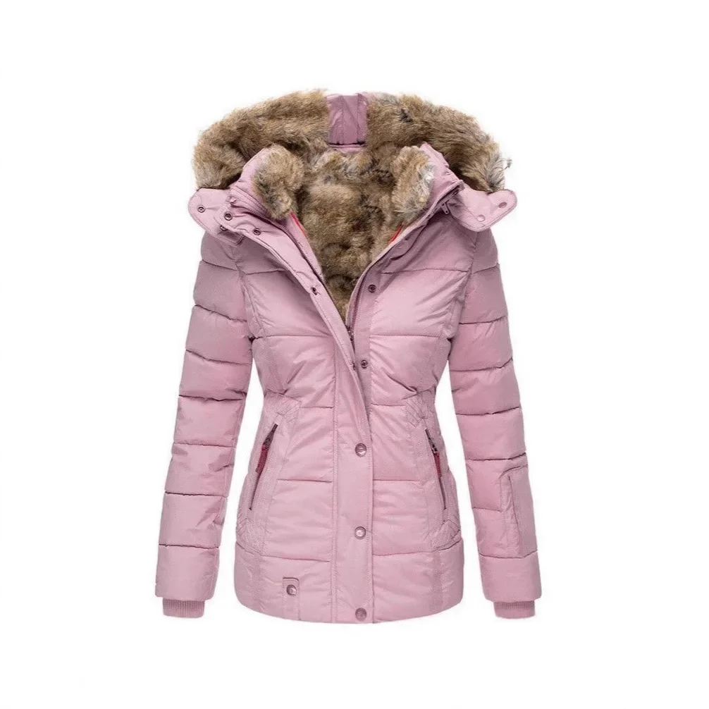 

Новая зимняя теплая хлопковая куртка женская облегающая куртка с длинным рукавом и капюшоном с меховым воротником на молнии модная женская верхняя одежда