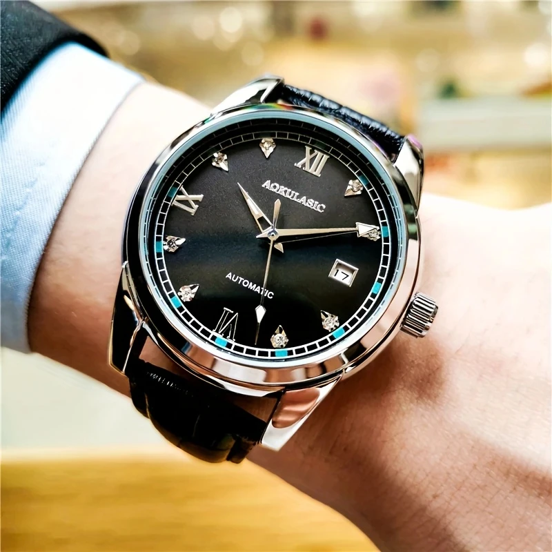 

Мужские часы в европейском и американском стиле, деловые повседневные механические часы с дисплеем даты - корпус из сплава, дизайн скелета, кожаный ремешок, автоматический заводной, подходят для деловой и повседневной носки, часы в повседневном стиле, луч