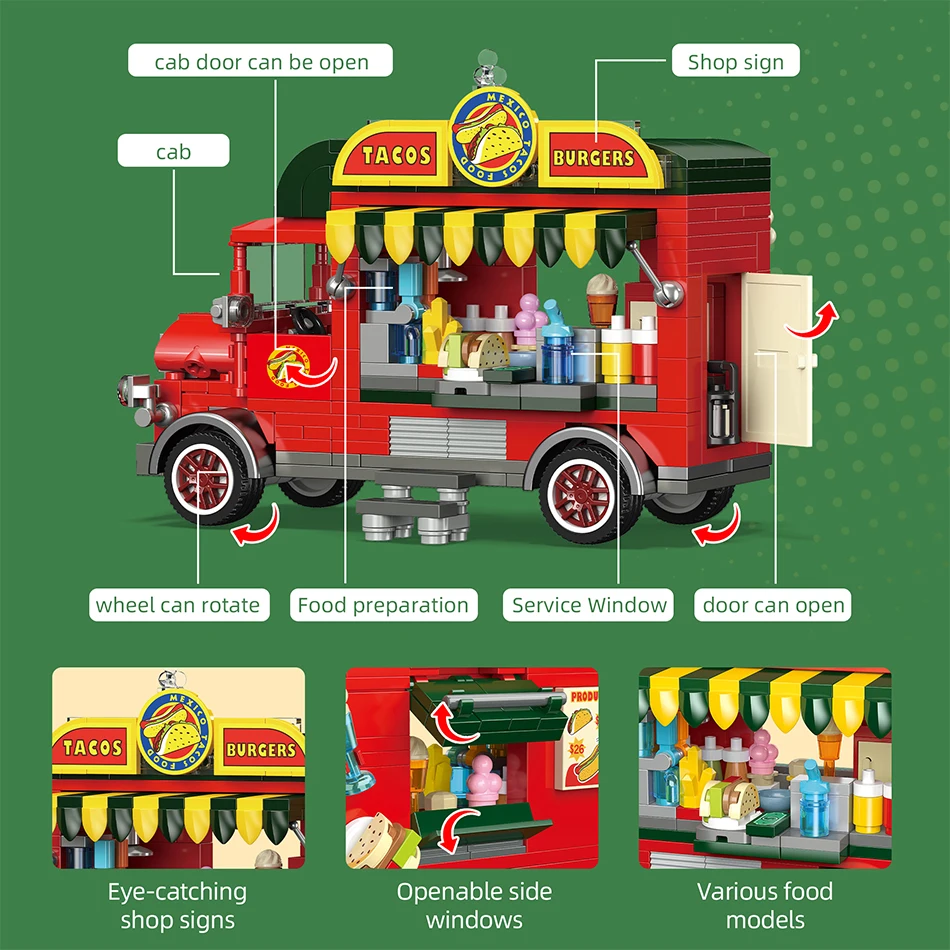MOC Mexikanischer Taco-LKW-Bausteine, Erlebnis, Straßenverkauf, DIY-Desktop-Dekoration, Geschenk für Teenager, Erwachsene, Weihnachten, Geburtstag