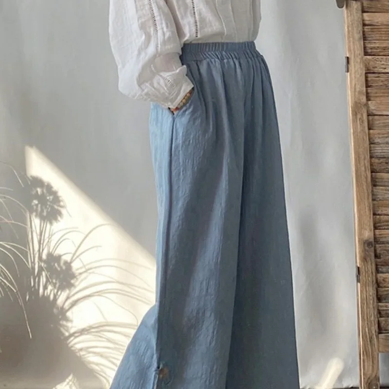 Women's Spring and Summer Fashion Fresh Solid Color Pocket Button Elastic Simple Cotton Linen Split Loose Yoga Wide Leg Pants