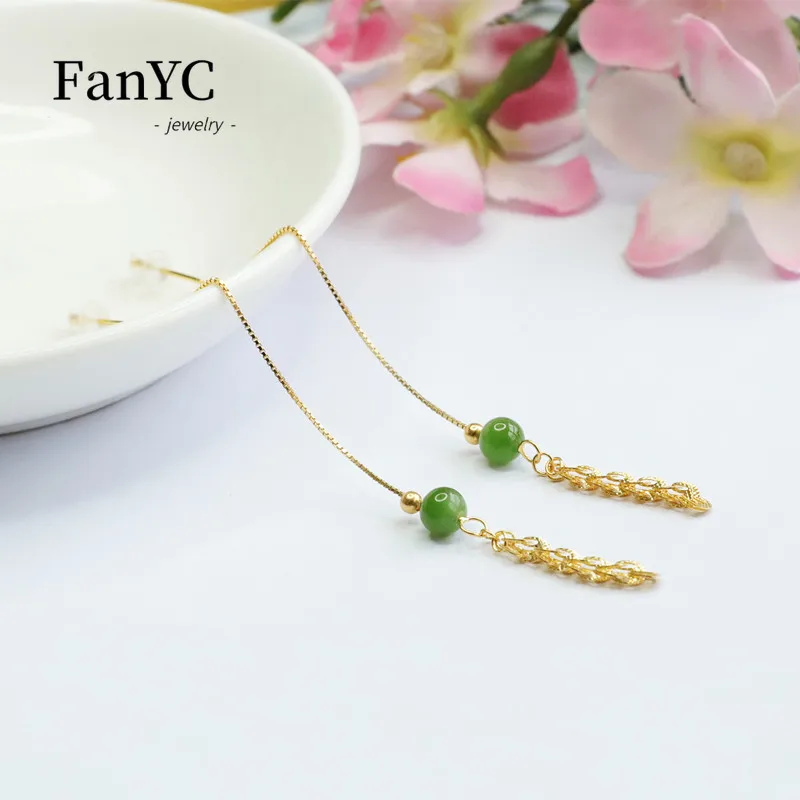 S925 Silver Inlaid Natural Hetian Jade Ear Thread 18k Gold Jasper Tail Ear Hook Exquisite Fashion Women Jewelry Holiday Gift