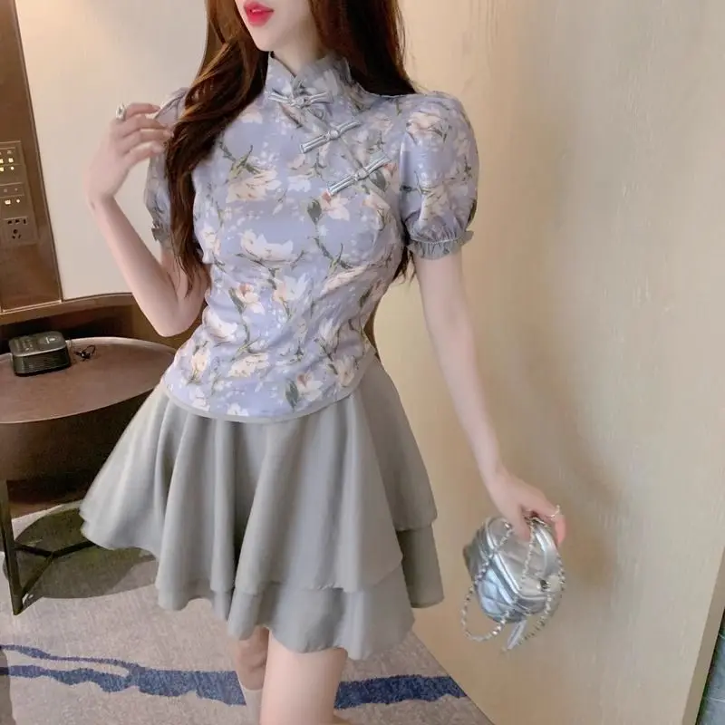 

2026Spring Chinese Style Short Sleeve Print Cheongsam Puff Skirt Sets for Women Korean Cute Slim Fit Temperament Elegant Dress