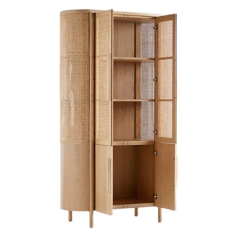 Japanese-style rattan solid wood dining side cabinet, home living room ins locker, retro simple tea cabinet