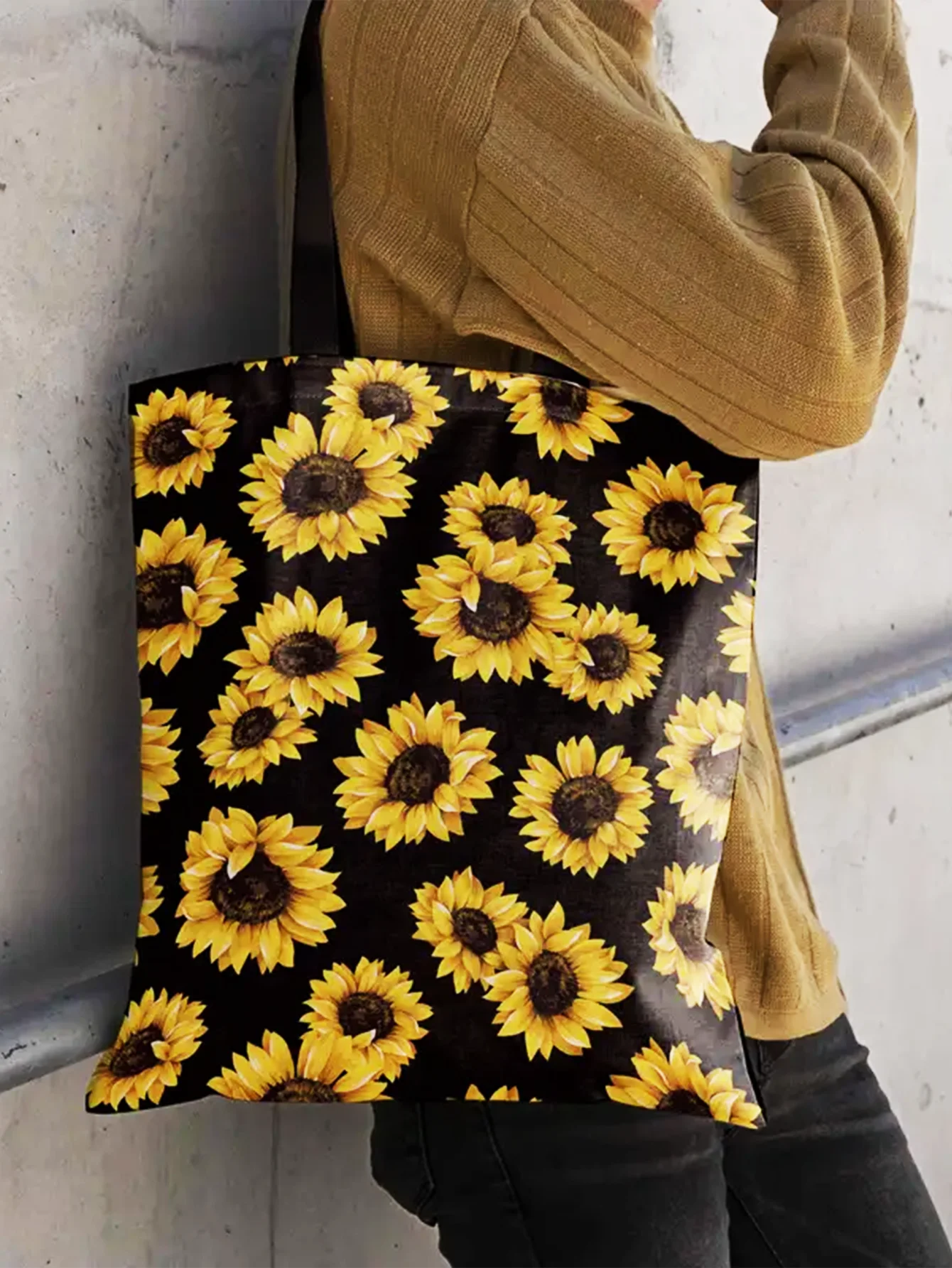 Sunflower Pattern Women's Handbag Large Capacity Canvas Shoulder Bag Foldable Environmental Handbag Reusable Shoulder Bag