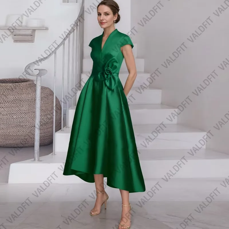

High Low Green Satin Mother of the Bride Dresses with Sleeves Customized Wedding Party Dress Robes Habillees Mere Du Marie