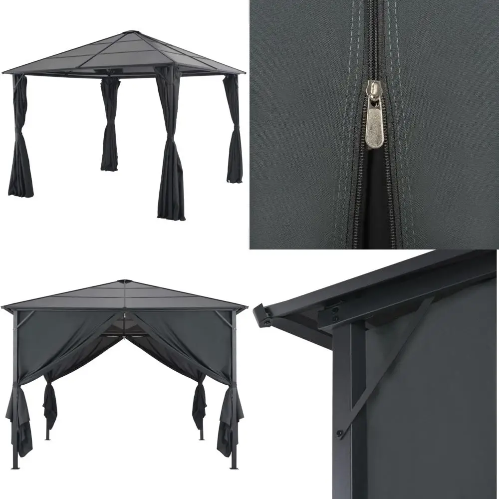 

black pavilion gazebo with curtains, elegant design, uv-resistant roof, rust-resistant aluminum and steel frame, 4 sidewalls, e