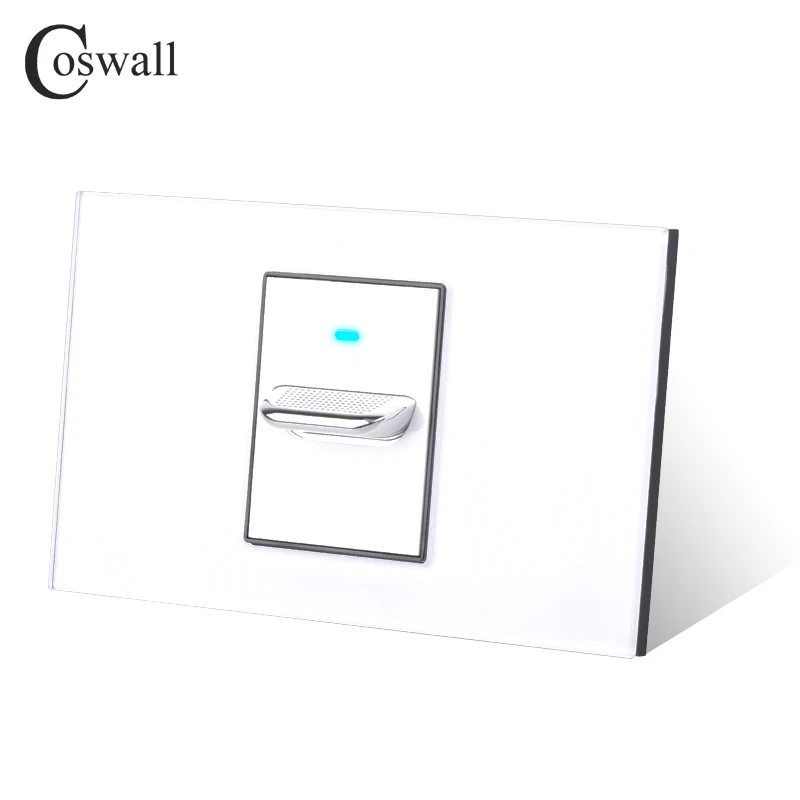 Coswall US Size Toggle 1 2 Gang 2 Way Pass Through Stair Light Switch Switched Blue Backlight Tempered Glass Panel White