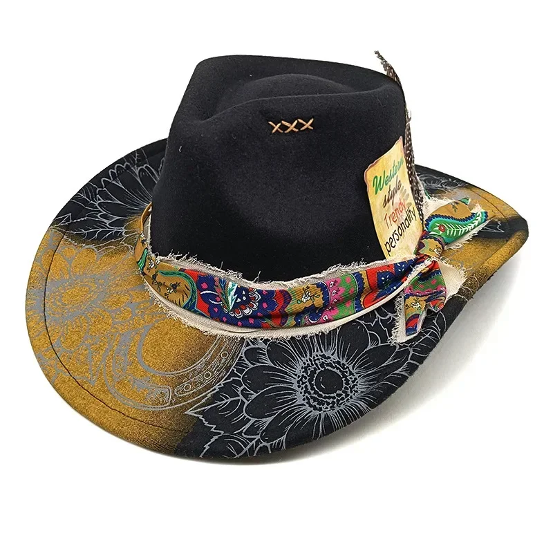 

2025 Airbrush Ombre Fedora Hat - Feather Decor Wool Felt Wide Brim Jazz Cap