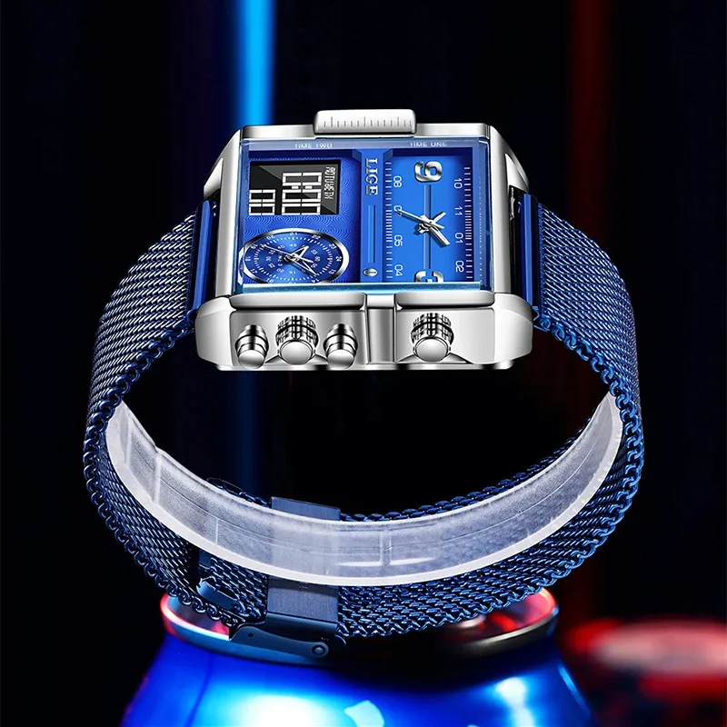 LIGE Casual Sports Electronic Watch Fashion Auto Date Military Stainless Mesh Belt Dual Digital Display Waterproof Watches Male