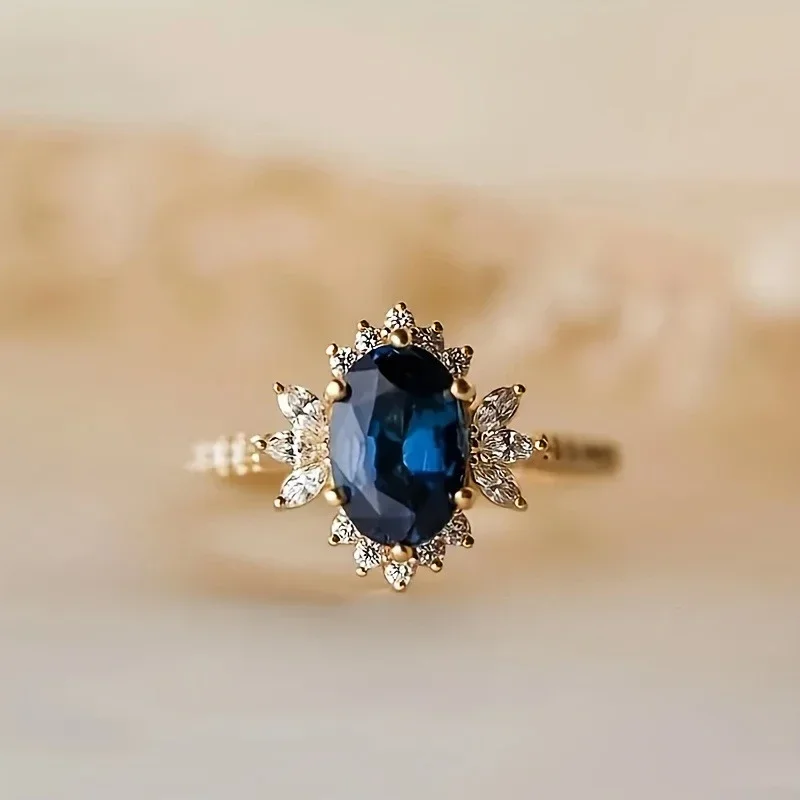 Huitan Luxury Gold Color Thin Ring for Women Blue Oval Cubic Zirconia Gentle Wedding Engagement Charming Accessories Jewelry