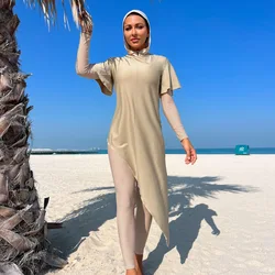 2 pezzi Beige Burkini Femmes Costume da bagno set per donne musulmane Burkini con cappuccio All Cover Beach Wear muta da sub con SPF50+