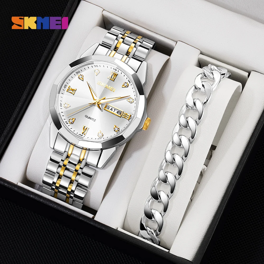 SKMEI Men Wristwatch Gift Luxury Waterproof Luminous Men's Watch Original Quartz Movement Stainless Steel Watch and Bracelet Rel