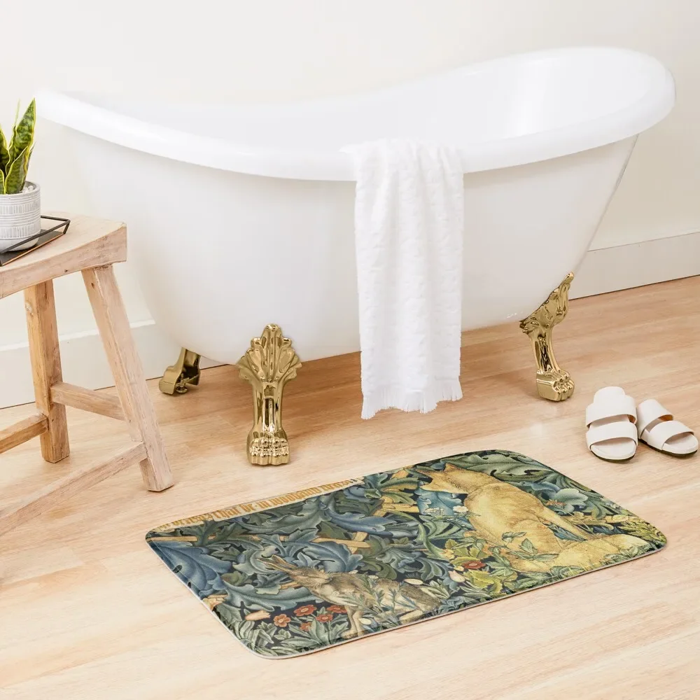 

GREENERY, FOREST ANIMALS ,FOX AND HARE Blue Green Floral Bath Mat Bathroom Interior Baths Bathroom Anti-Slip Shower Mat