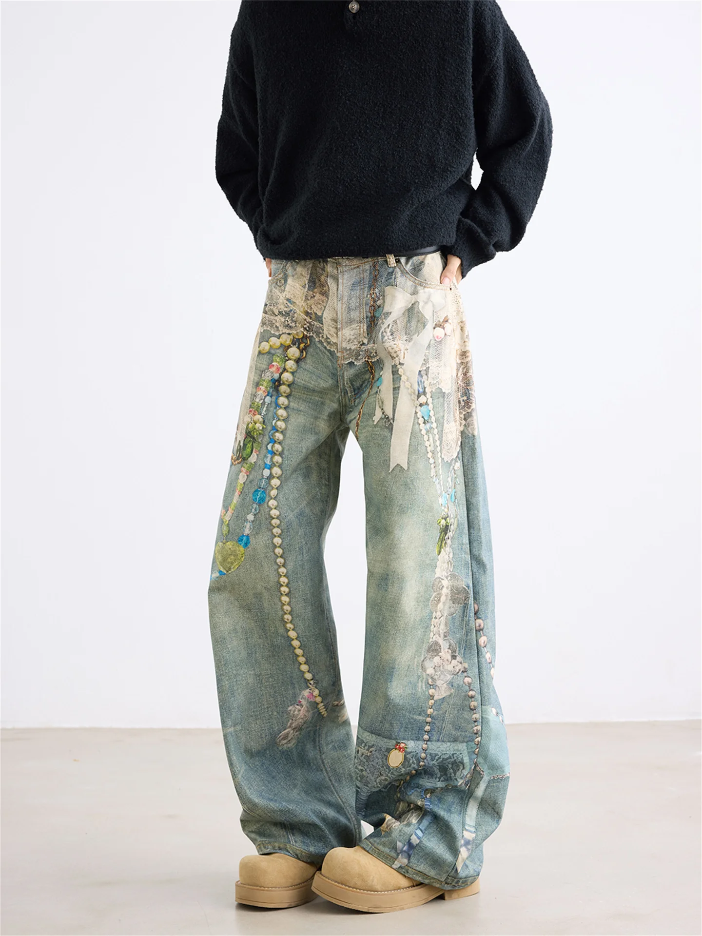 

Men's Retro Washed Straight Leg Jeans 3D Print Pearl Chain Embellished Casual Trousers mid Waist Zipper Fly Summer Fashion