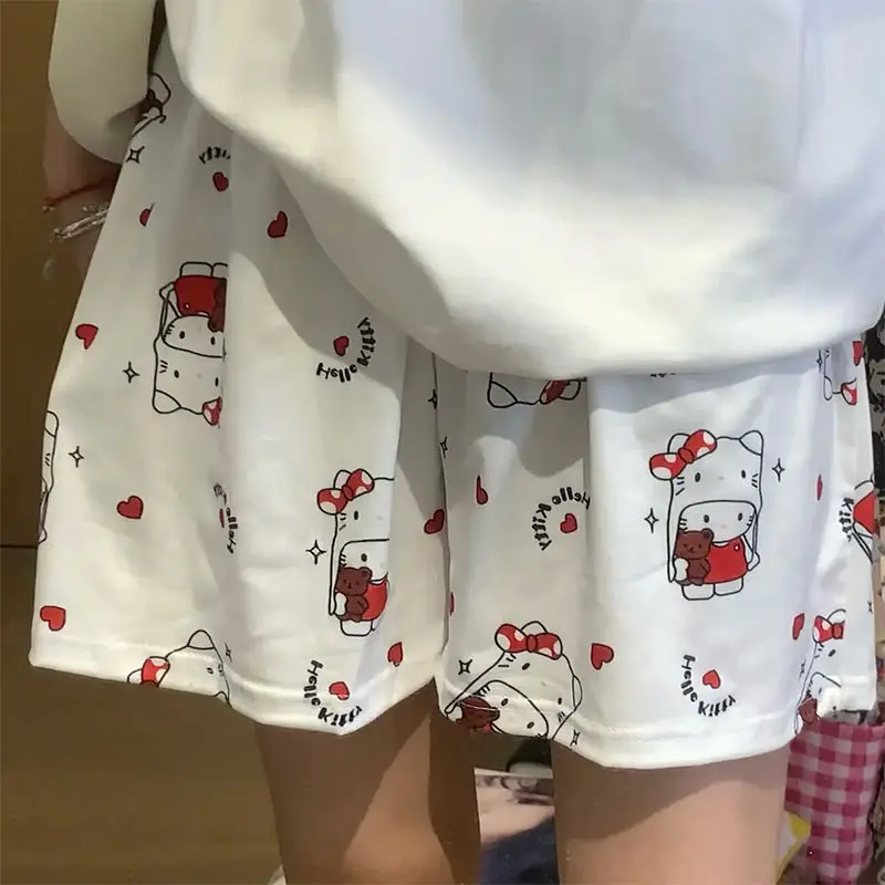Kawaii Sanrio Hello Kitty Anime Cartoon Schwarz Weiß Milch Shorts Sommerausflug Weite Beinhose Kt Katze Atmungsaktive Home Pyjamas Geschenk