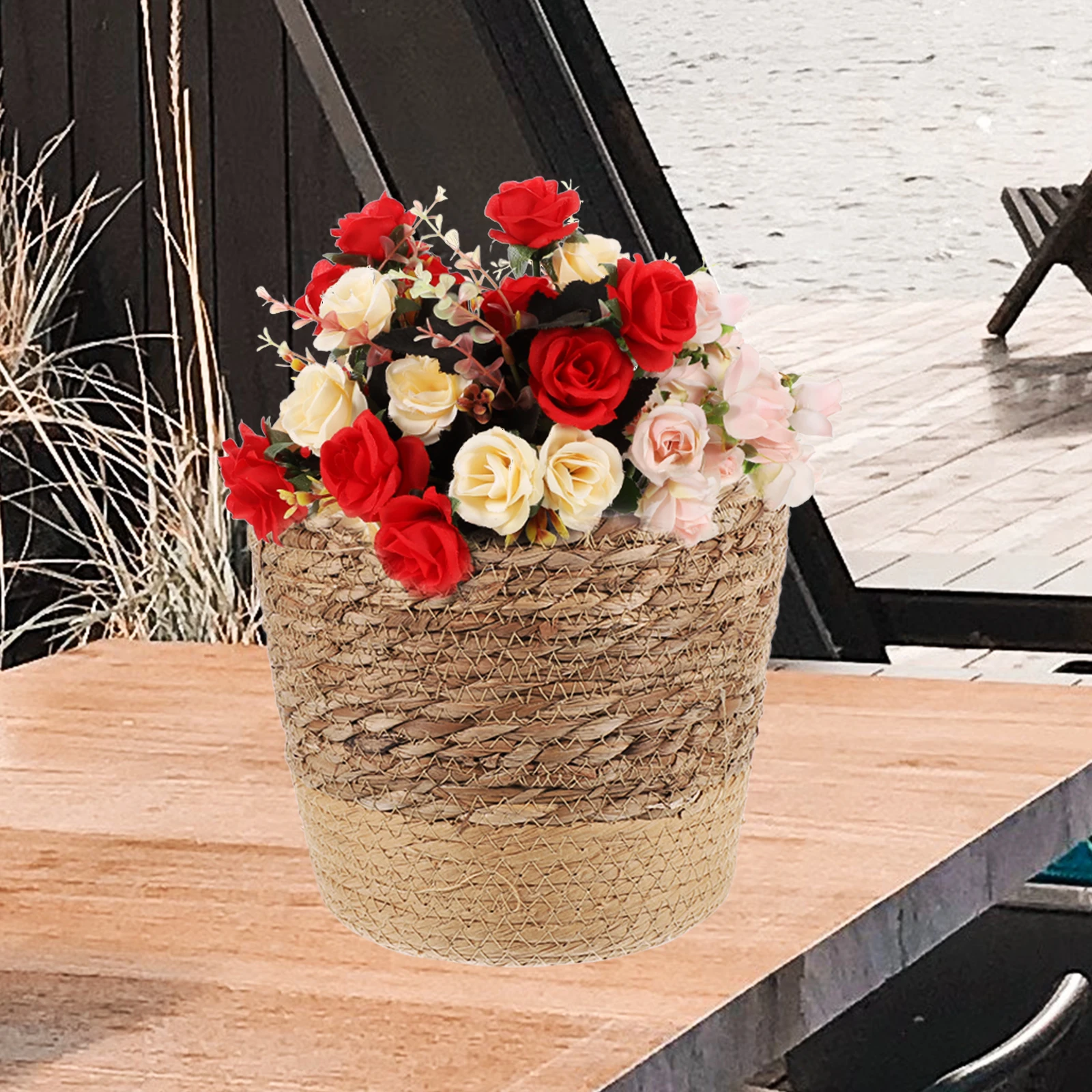 

Hand Woven Seagrass Flower Basket Creative Woven Planter Container Farmhouse Style Storage Basket For Indoor Plants Decorative