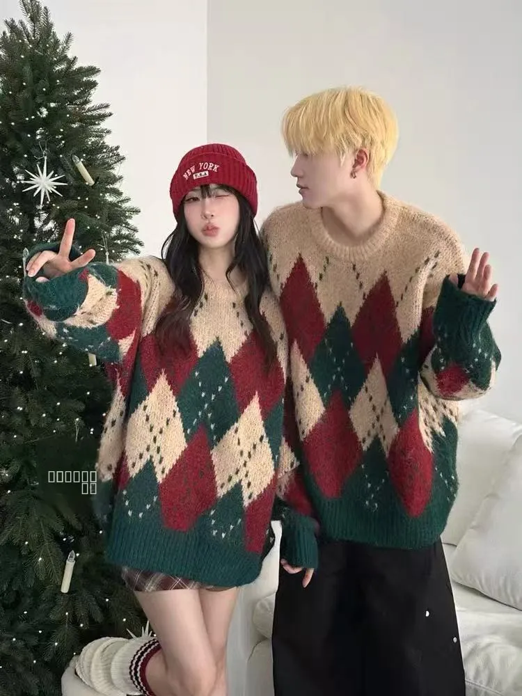 

Cisas Aosphere Couples Sweater Loose id Knitted irt Men Women Autumn Winter Vintage Red Cheered Base Layer Knitwear