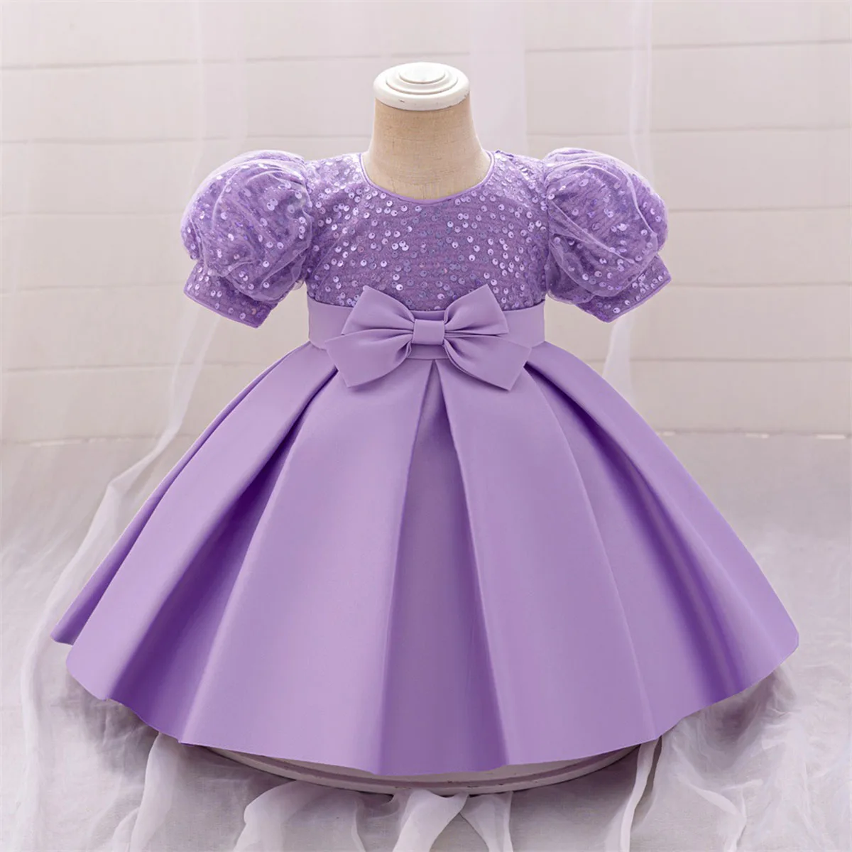 6M-4 Years Baby Toddler Puff Sleeves Flower Girl Birthday Party Graduation Ceremony Pageant Dress