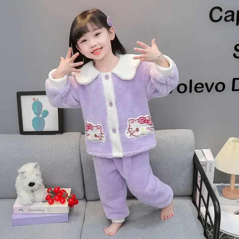 Sweet Hello Kitty Anime Sanrio Kawaii Lange Mouw Jas Panst Pyjama Schattige Baby Dik Koraal Fluwelen Homewear Kleding Geschenken Speelgoed