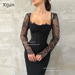 Xijun Sexy Black Lace Evening Dresses Long Sleeves Square Collar Prom Dress Sweetheart Saudi Arabric Prom Gowns Formal Customize