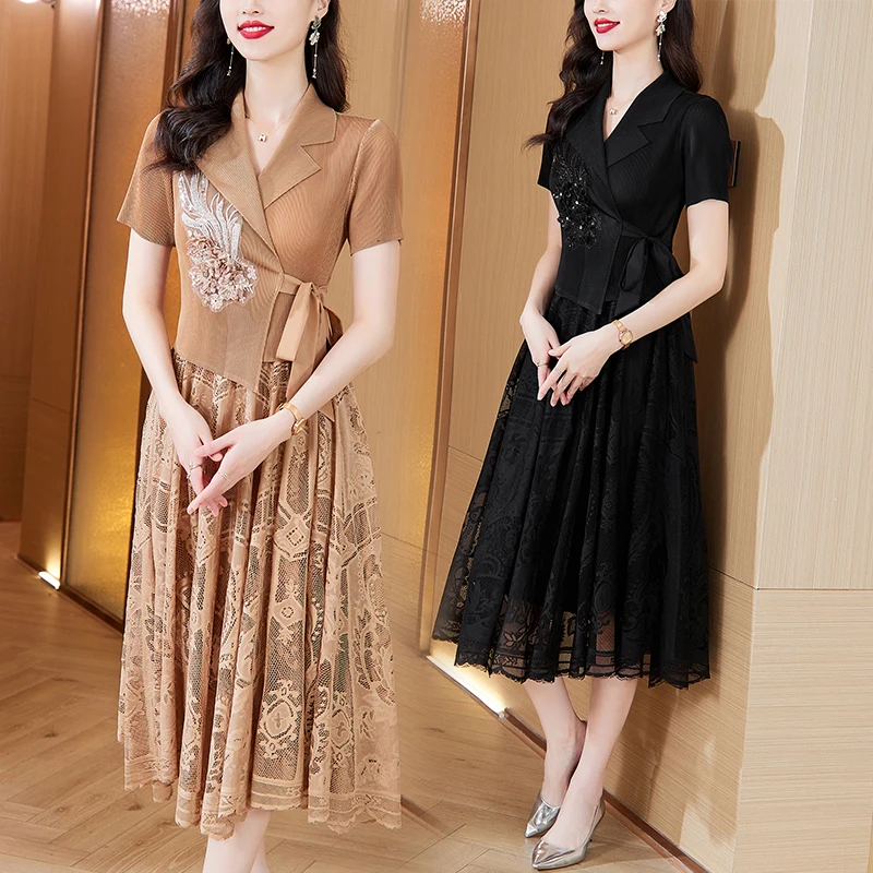 Miyake robe plissée 2025 été costume col à la mode mi-longue jupe taille cintrée minceur élégante jupe plissée