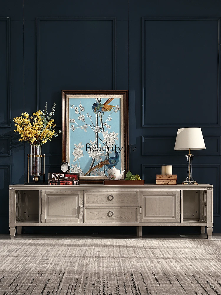 

05-American light luxury light gray red oak all solid wood TV cabinet