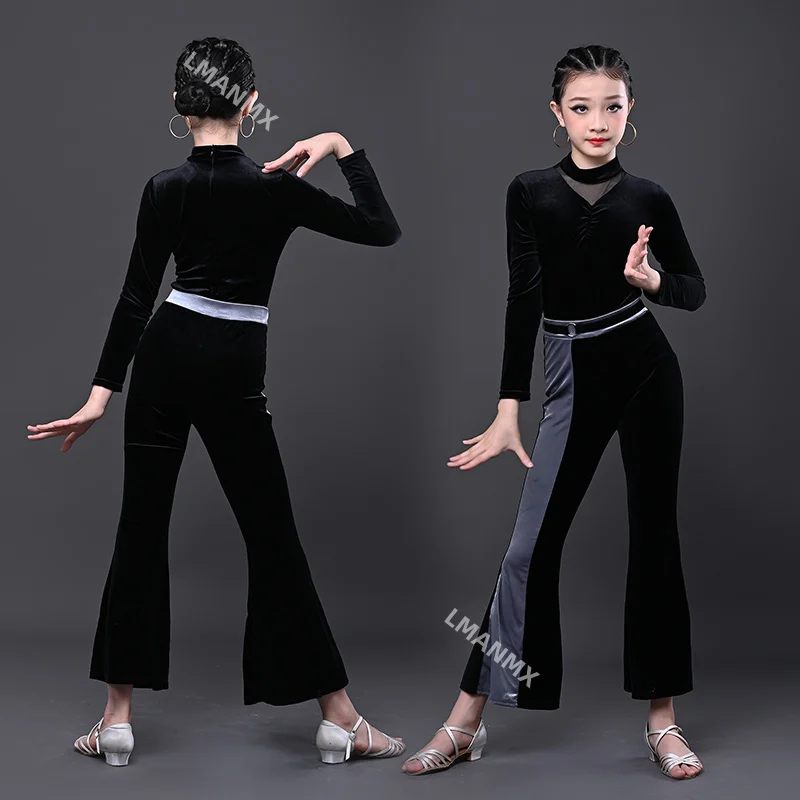 2024 novas roupas de dança latina infantil, roupas de prática de dança latina infantil, roupas latinas outono/inverno conjunto