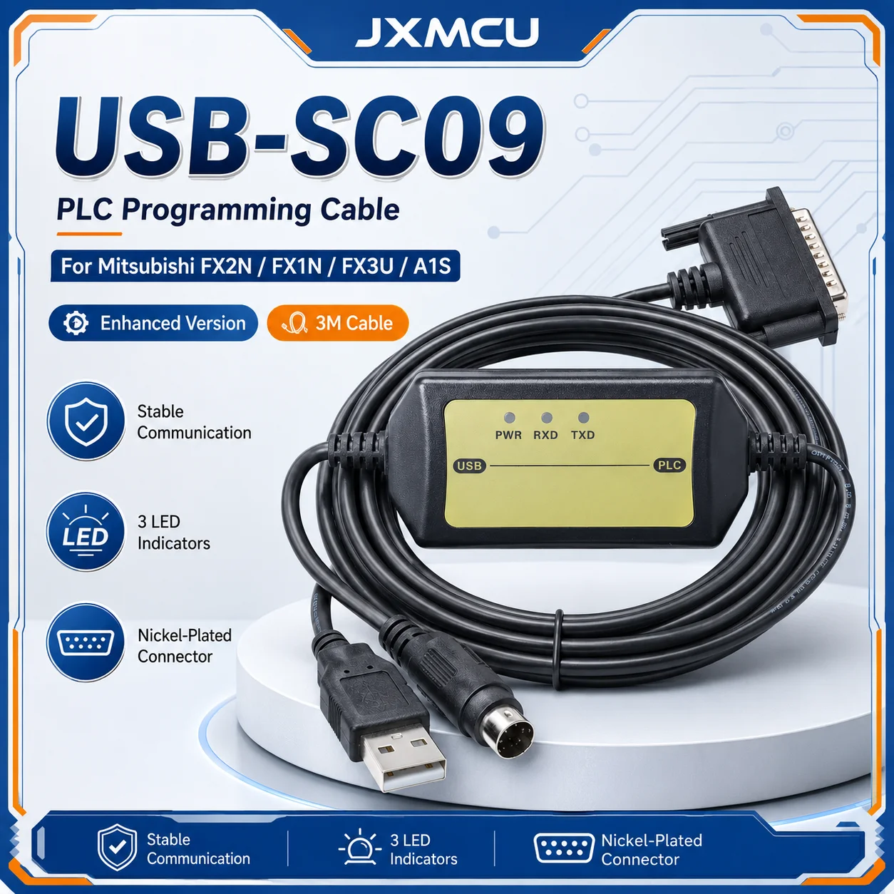 USB-SC09 PLC Programming Cable, 3M CH340 5V Data Download Lead with LED Indicators for Mitsubishi FX1N FX2N FX3U A1S